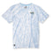 Front product view of the Baja Llama Trip of a Lifetime Slub Pima Pocket Tee, featuring a blue and white tie-dye pattern and a small mushroom emboidery on top of the chest pocket