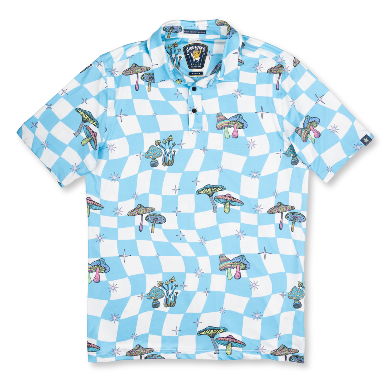 Baja Llama Wavy blue checkered polo with colorful psychedelic mushroom print. Eye-catching, breathable, and built for fun on or off the course.
