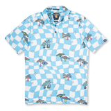 Baja Llama Wavy blue checkered polo with colorful psychedelic mushroom print. Eye-catching, breathable, and built for fun on or off the course.
