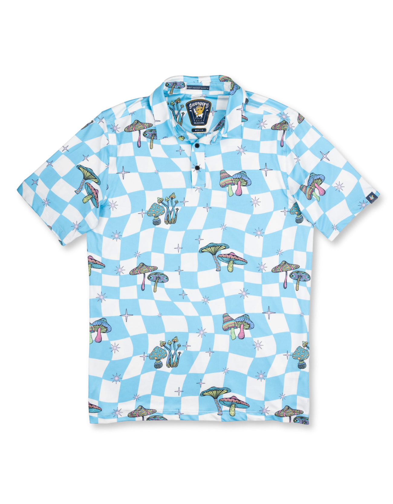 Baja Llama Wavy blue checkered polo with colorful psychedelic mushroom print. Eye-catching, breathable, and built for fun on or off the course.