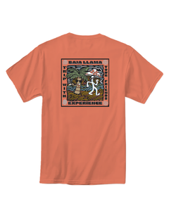 Baja Llama coral tee with vibrant back graphic that says “Trip With Your Friends” showing a dancing palm tree and mushroom. Bold, fun, and built for good times.
