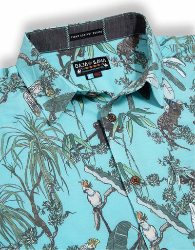 Baja Llama green monkey and bird party print Recycled Poly stretch short sleeve button up shirt