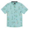Turquoise button up shirt with yellow Tiger Lily, Foxtail and Monkey Monstera print