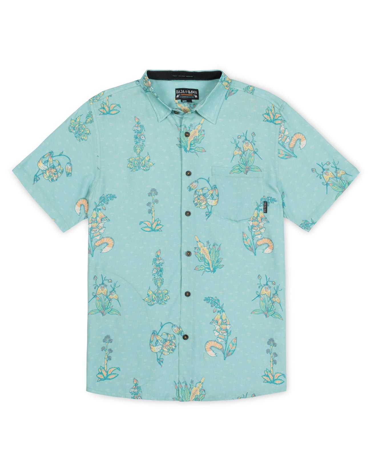 Turquoise button up shirt with yellow Tiger Lily, Foxtail and Monkey Monstera print