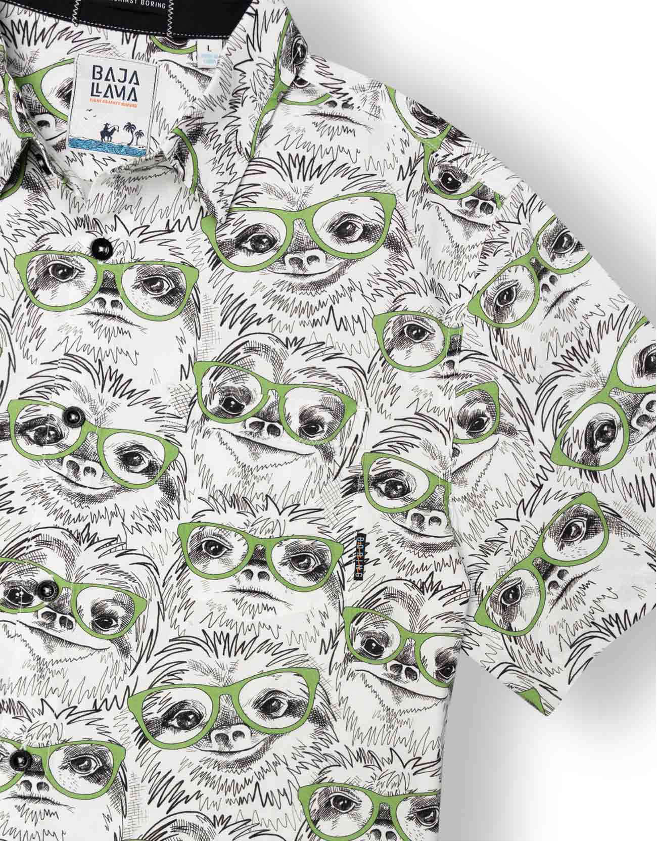 White button up shirt with hand drawn print of sloths wearing green glasses