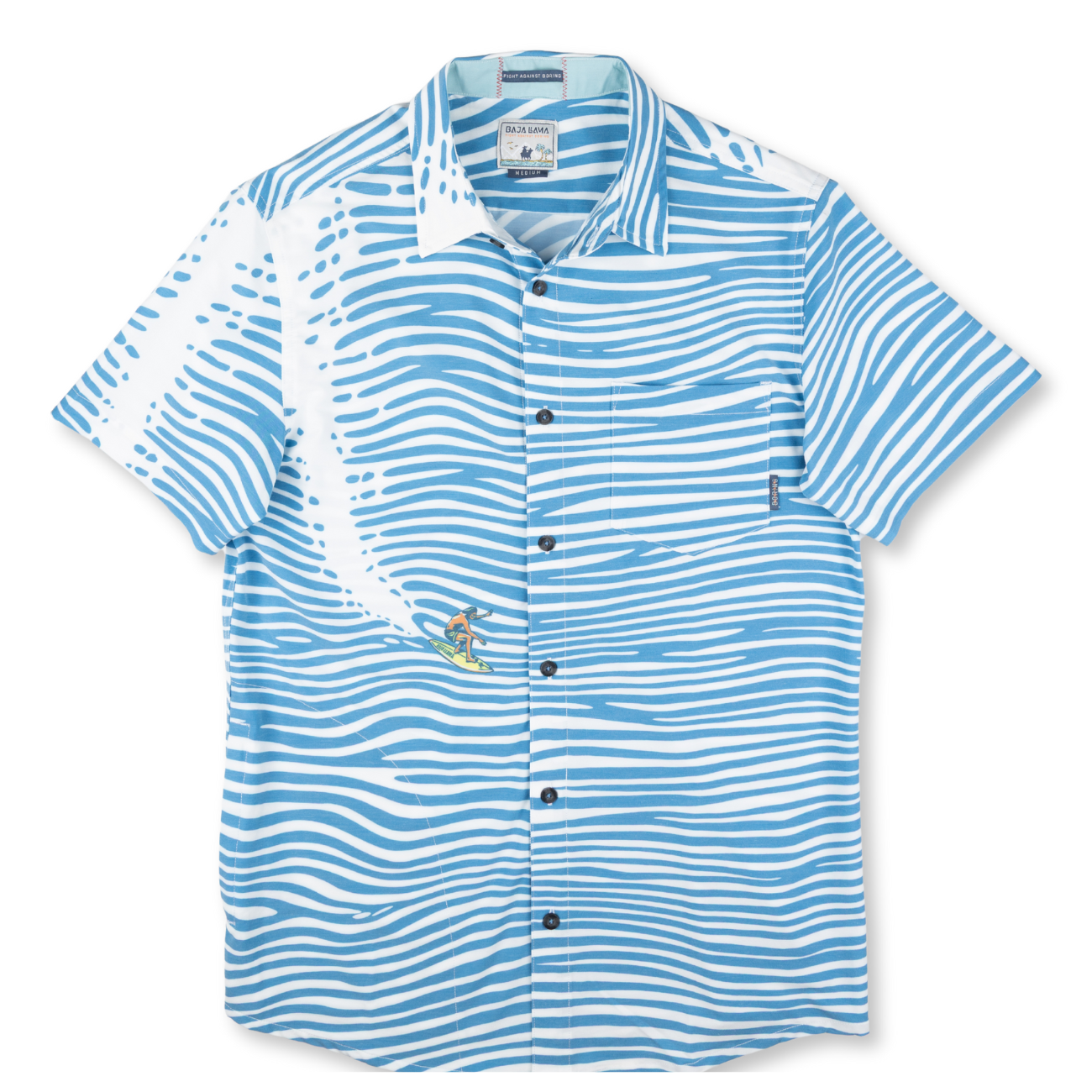 Baja Llama Ocean-wave stripe shirt with surfer graphic. Bold, breezy, and made for coastal adventure.