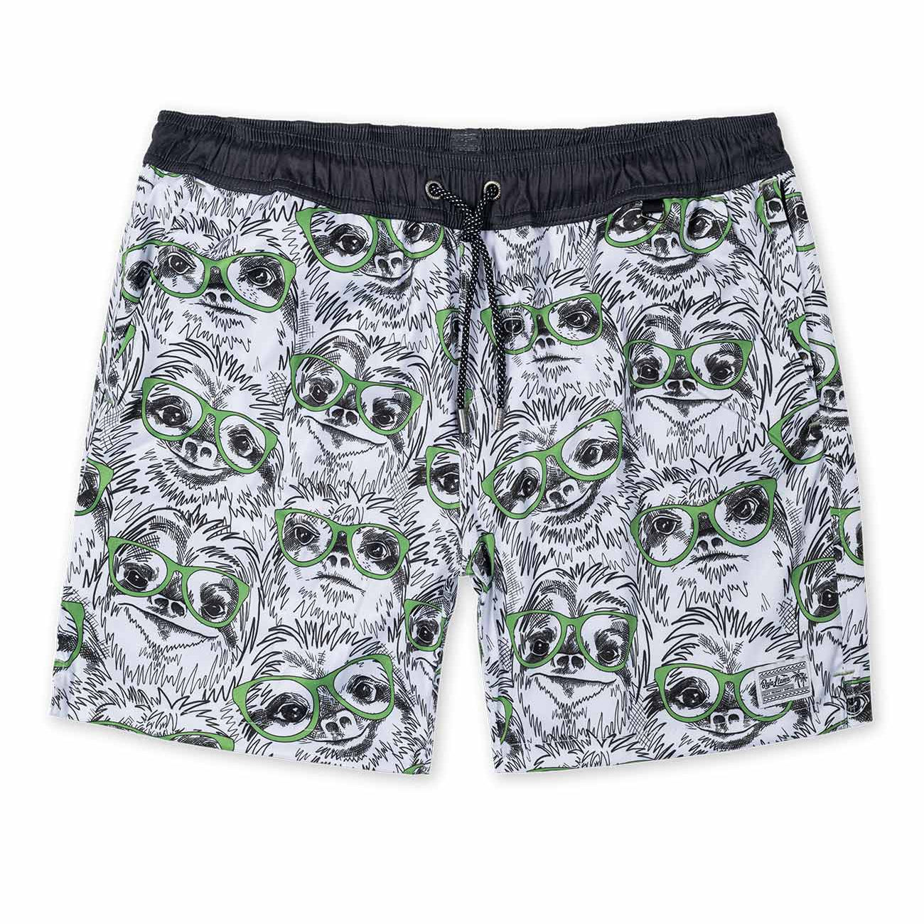 Green men's volley shorts with three-toed sloth print wearing eyeglasses.