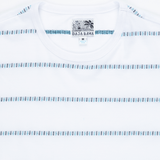 White t-shirt with blue pattern and 'Baja Bama' tag on a white background