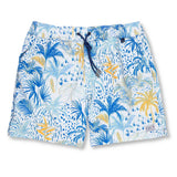 Blue, white and orange palm tree print quick-dry men's volley shorts.