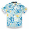 White and blue tropical print shirt with orange palm tree highlight