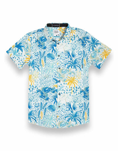 White and blue tropical print shirt with orange palm tree highlight