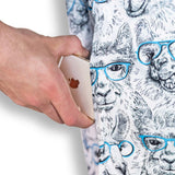 White and black button up shirt with llamas wearing blue eyeglasses print