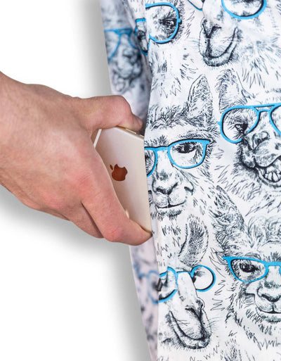 White and black button up shirt with llamas wearing blue eyeglasses print