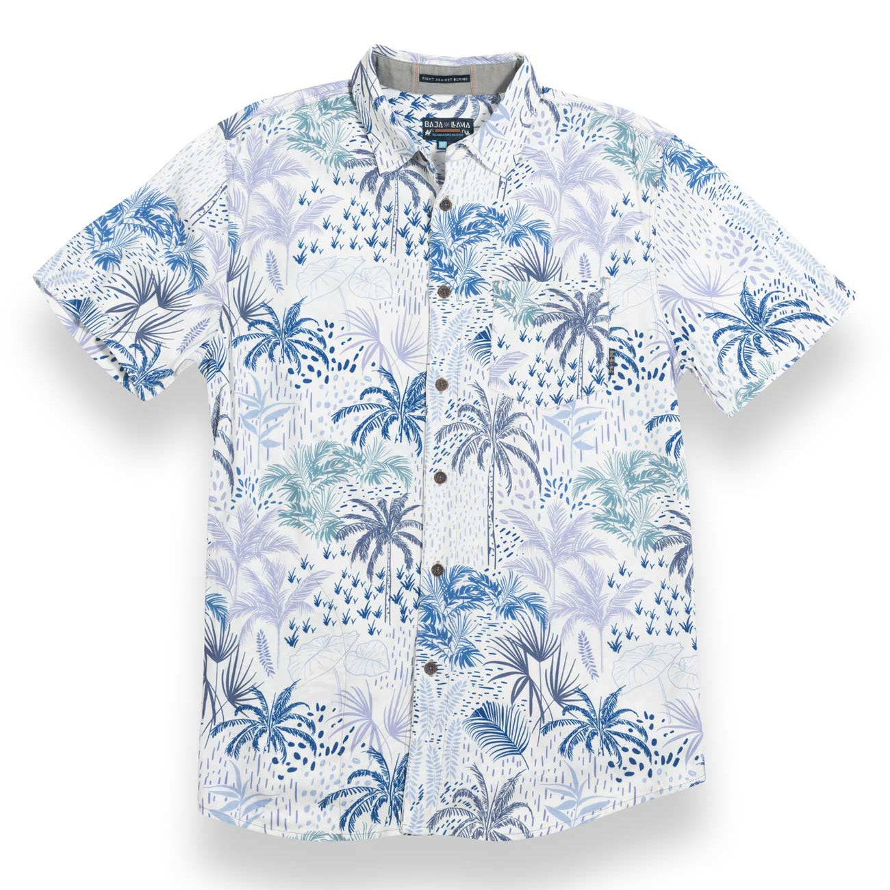 White button up shirt with tropical blue palm trees print in different hues 