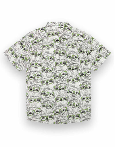 White button up shirt with hand drawn print of sloths wearing green glasses