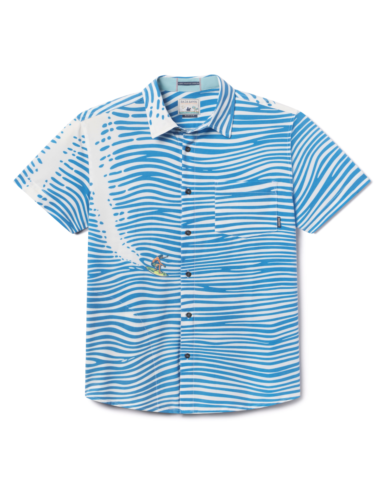 Flat lay of 100 Foot Wave Vagabond recycled travel button-up shirt with bold print