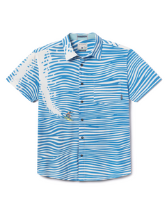 Flat lay of 100 Foot Wave Vagabond recycled travel button-up shirt with bold print