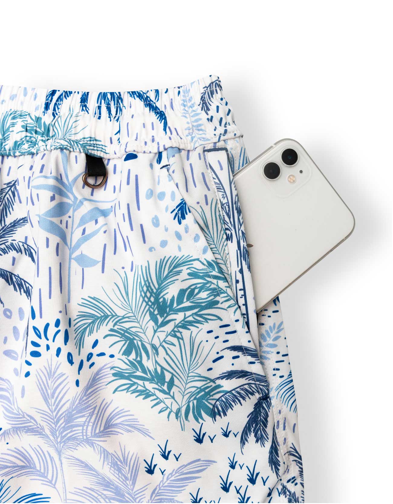 White men's swim trunks featuring tropical palm trees and taro in different hues of blue.