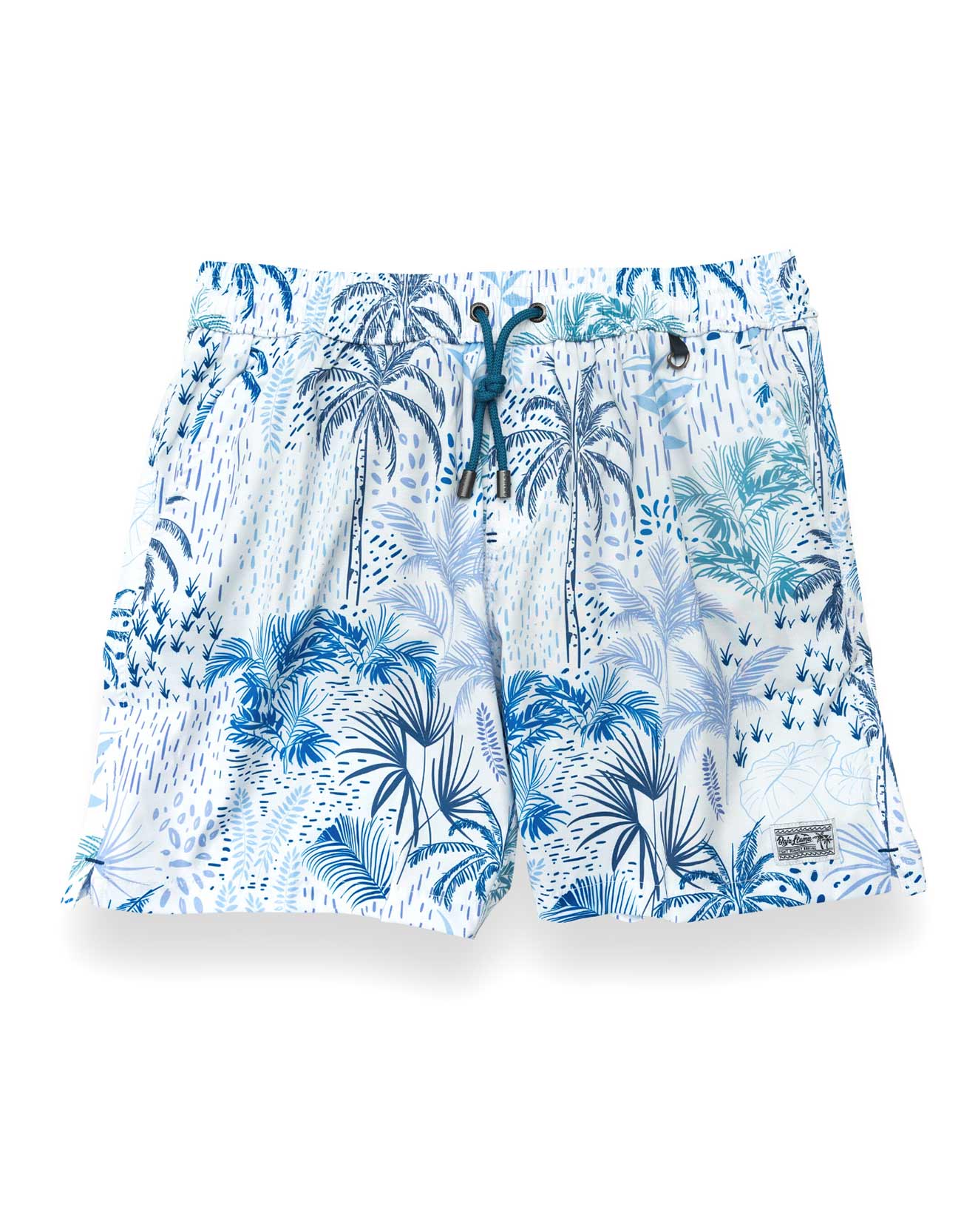 White men's swim trunks featuring tropical palm trees and taro in different hues of blue.