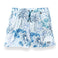 White men's swim trunks featuring tropical palm trees and taro in different hues of blue.
